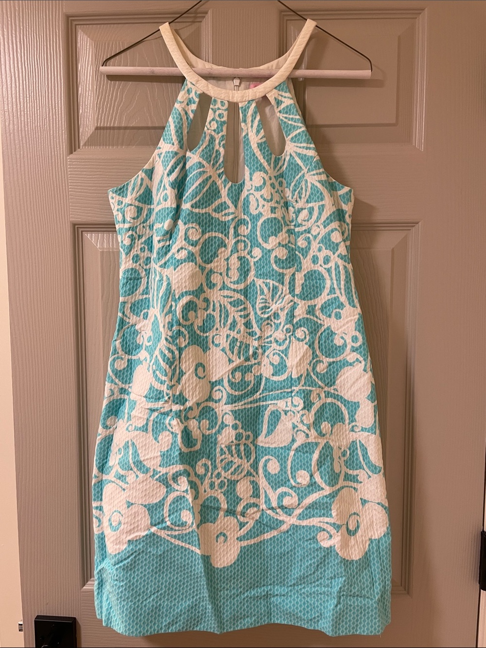 Lilly Pulitzer Aqua and White Floral Halter Dress with Pink Label